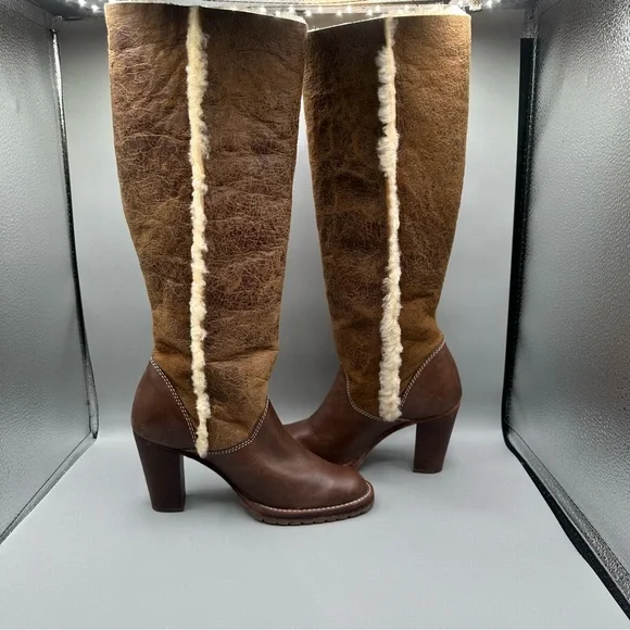 MICHAEL KORS Brown Leather Suede Sherpa Lined Tall Fold Over Heeled Boots Sz 5.5 - Picture 6 of 9